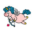 Unicorn Cupid with wings, bow and arrow.